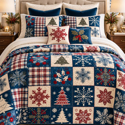 Navy Snowflake Pine Tree Plaid Patchwork Quilted Bedding Set LD245
