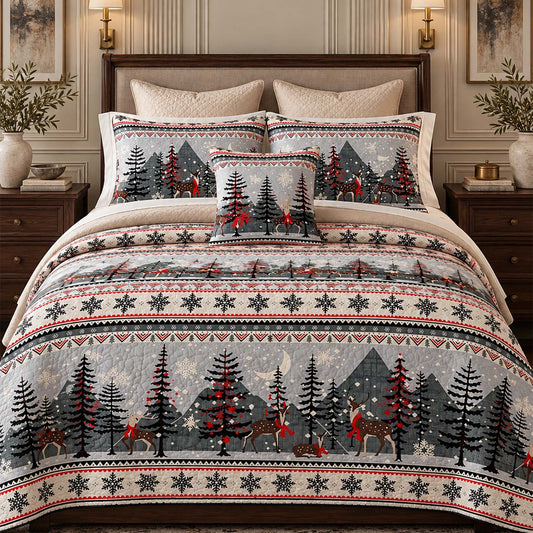 Winter Forest Deer Mountain Fair Isle Quilted Bedding Set LD246