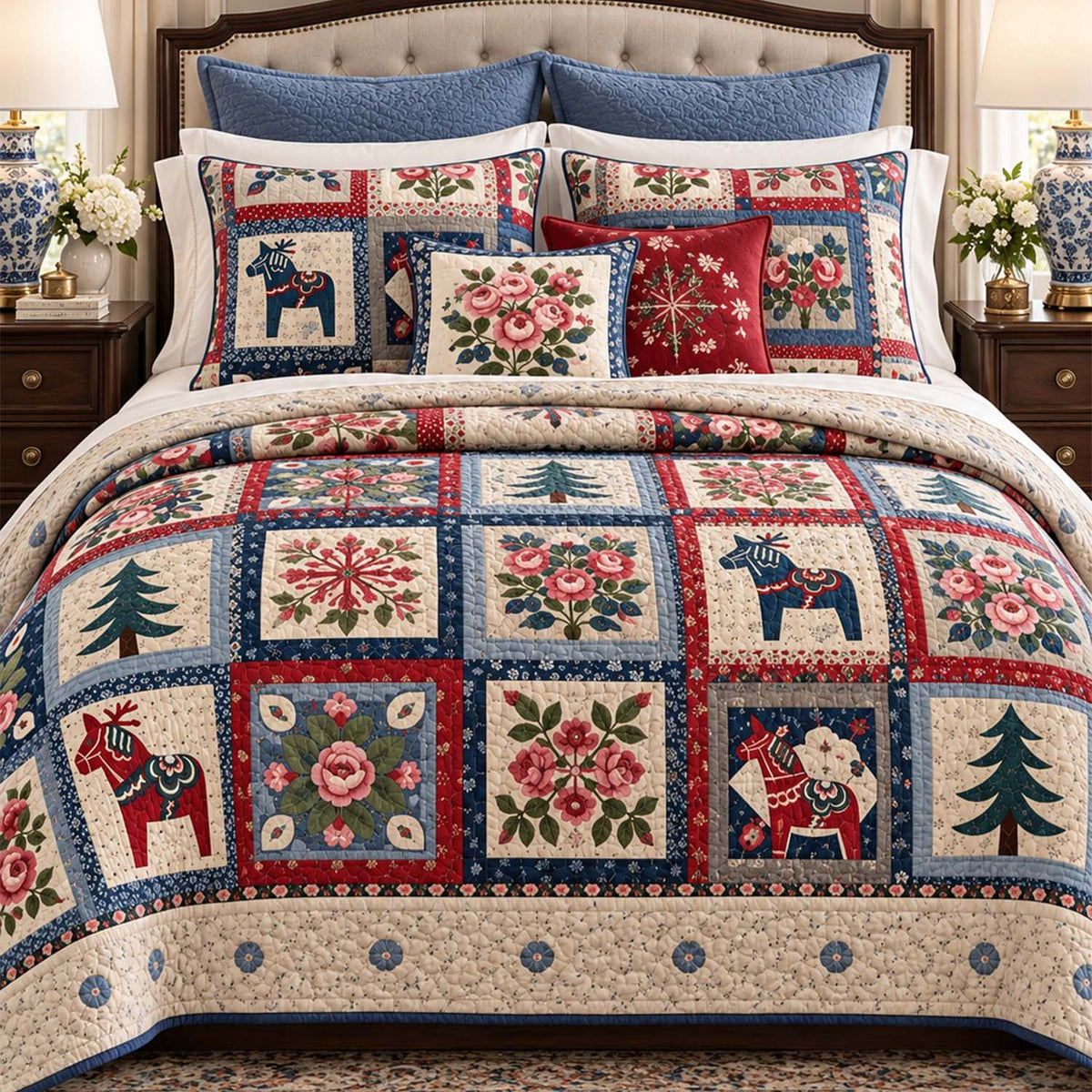 Swedish Dala Horse Floral Patchwork Quilted Bedding Set LD247