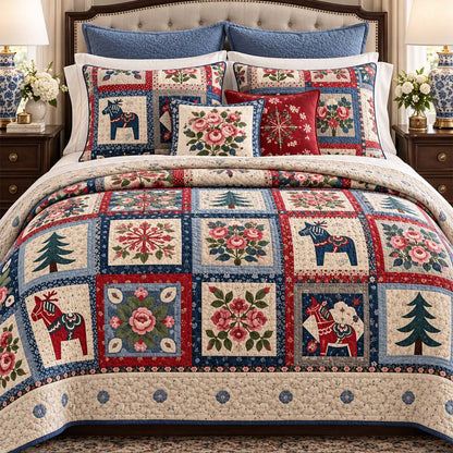 Swedish Dala Horse Floral Patchwork Quilted Bedding Set LD247