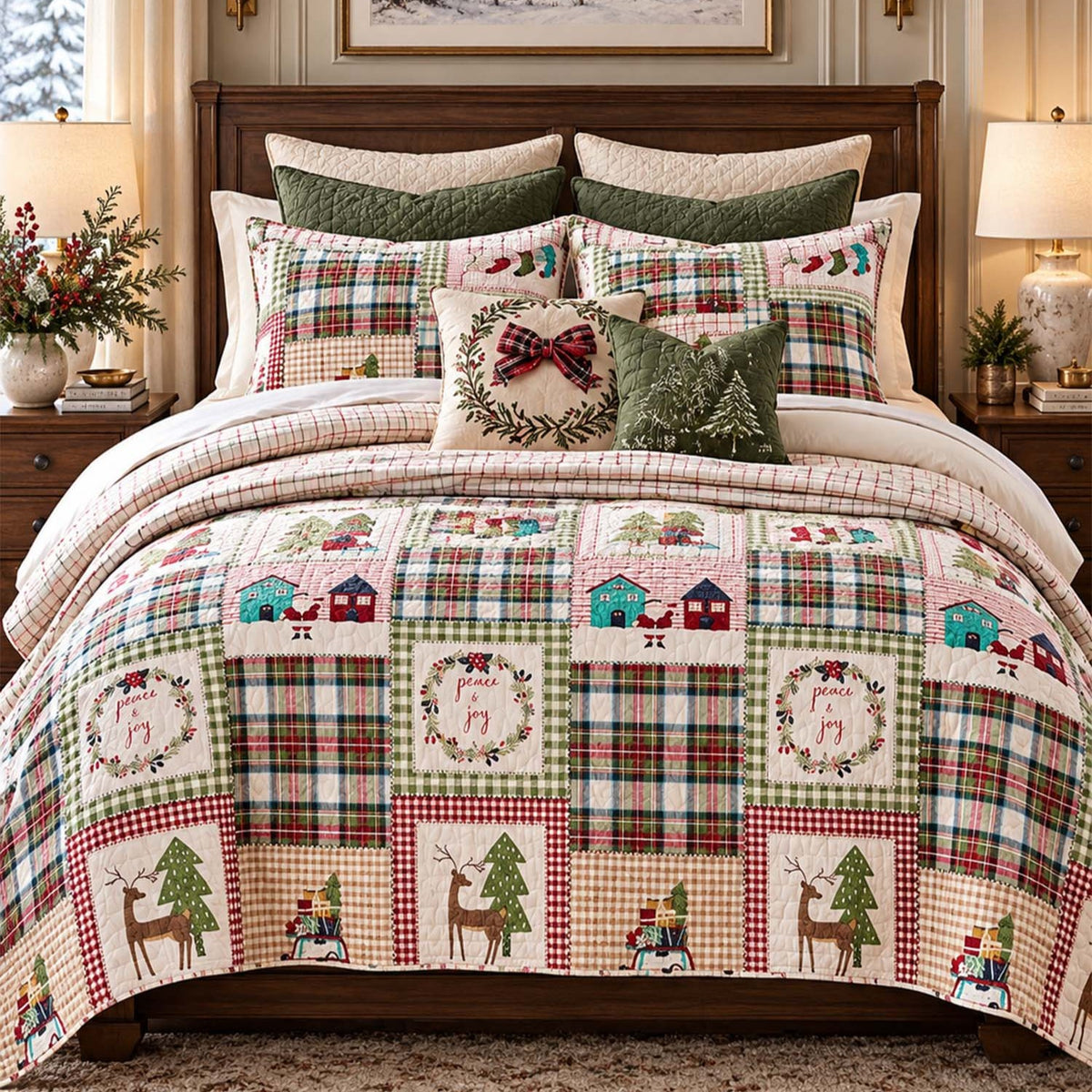 Plaid Deer Cottage Peace & Joy Patchwork Quilted Bedding Set LD248
