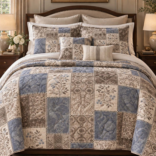 Vintage Blue Botanical Patchwork Quilted Bedding Set LD249