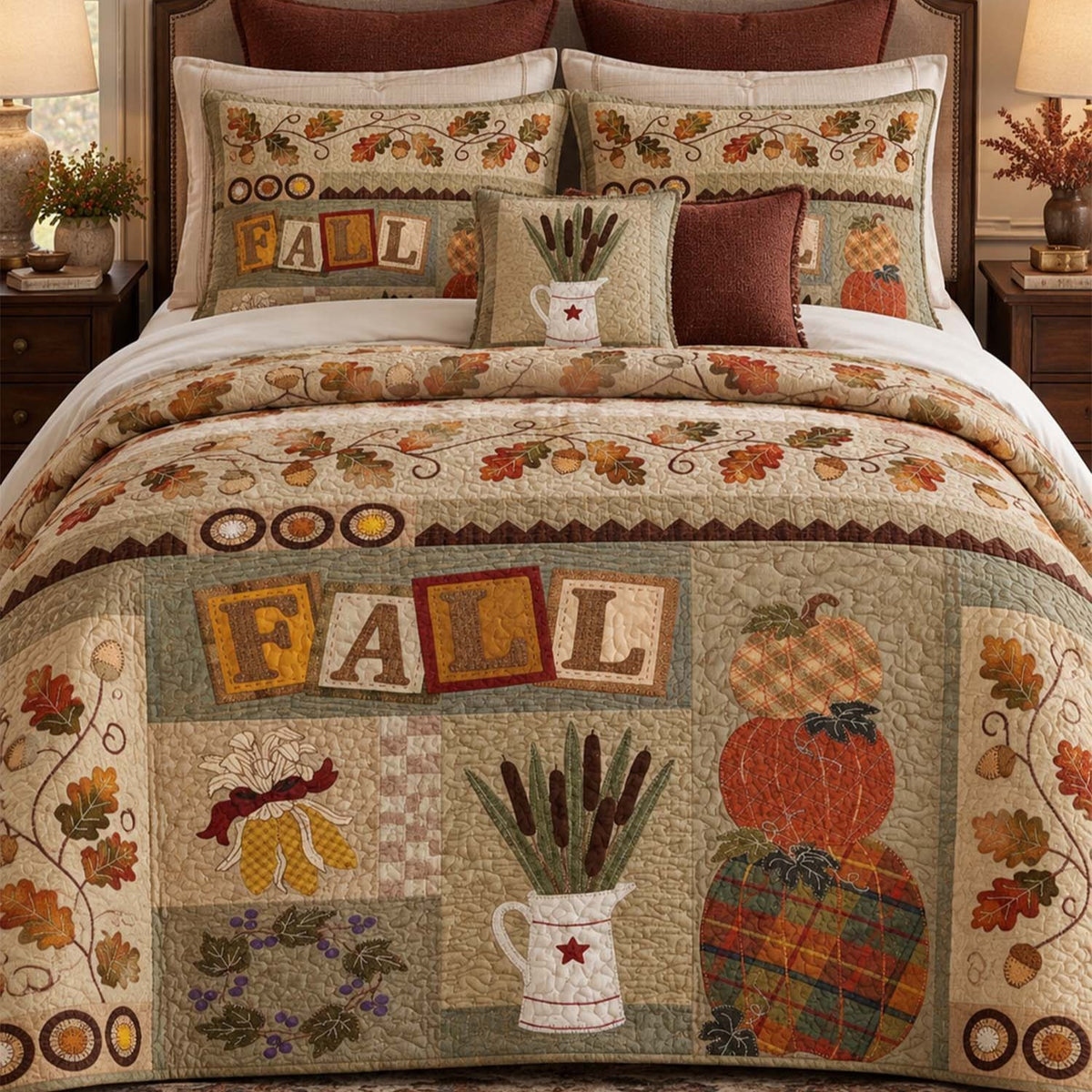 Fall Pumpkin Harvest Patchwork Quilted Bedding Set LD251