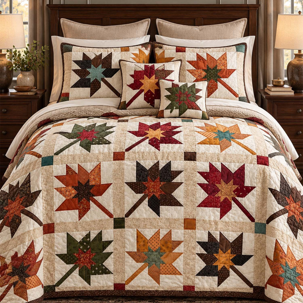 Vintage Leaf Geometric Patchwork Quilted Bedding Set LD252