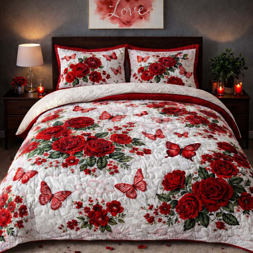 Rose Butterfly Garden Quilted Duvet Cover Set LD05