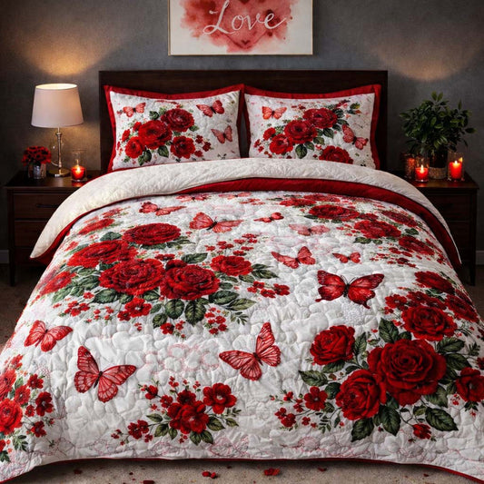 Rose Butterfly Garden Quilted Duvet Cover Set LD05