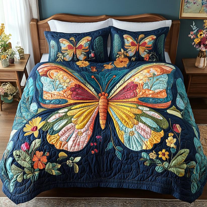 Butterfly Bloom Quilted Duvet Cover Set LD06