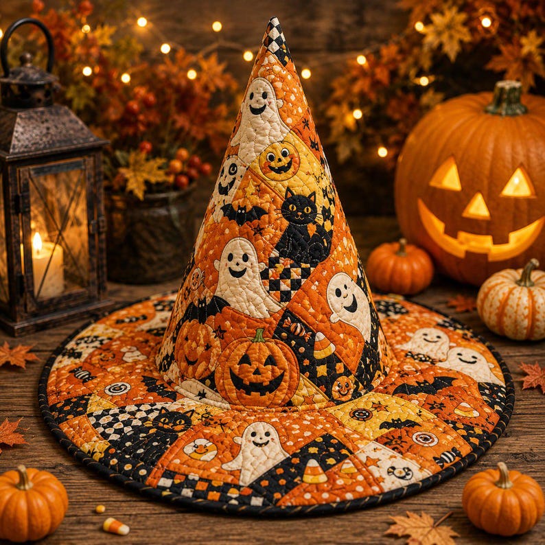 Ghost & Pumpkin Pattern Quilted Halloween Hat LD03