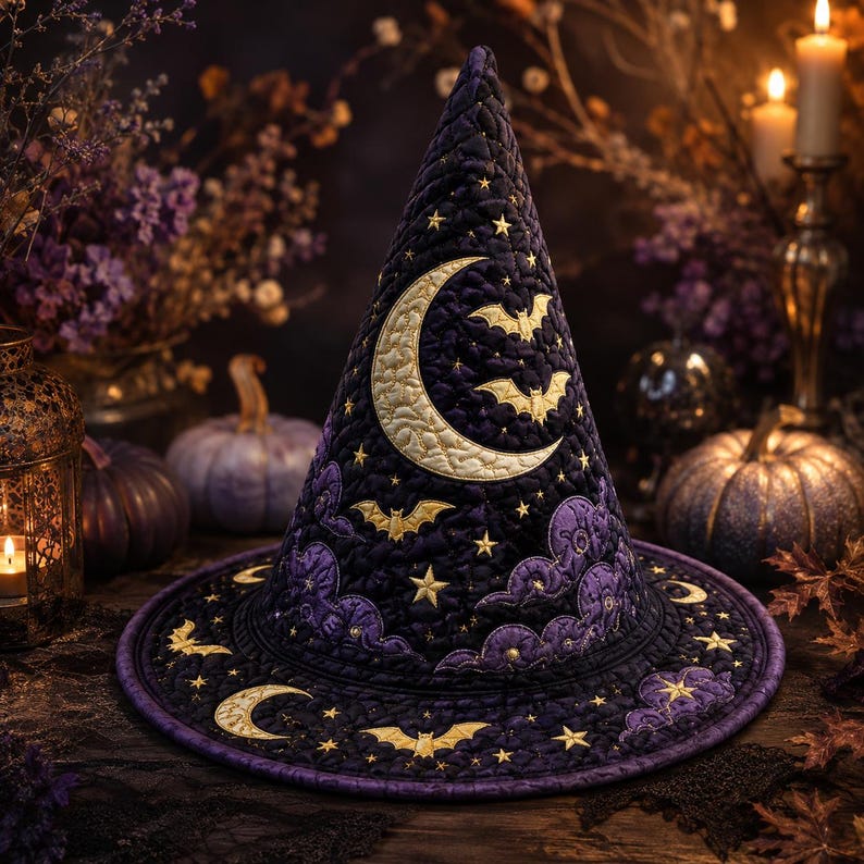 Celestial Moon & Bats Quilted Halloween Hat LD04