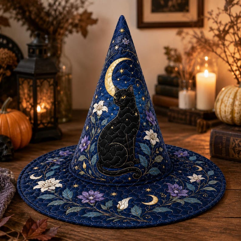 Crescent Moon & Floral Quilted Halloween Hat LD05