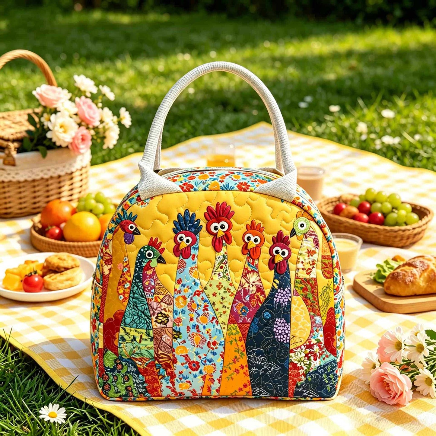 Cute Rooster Pattern Quilted Lunch Bag LD09