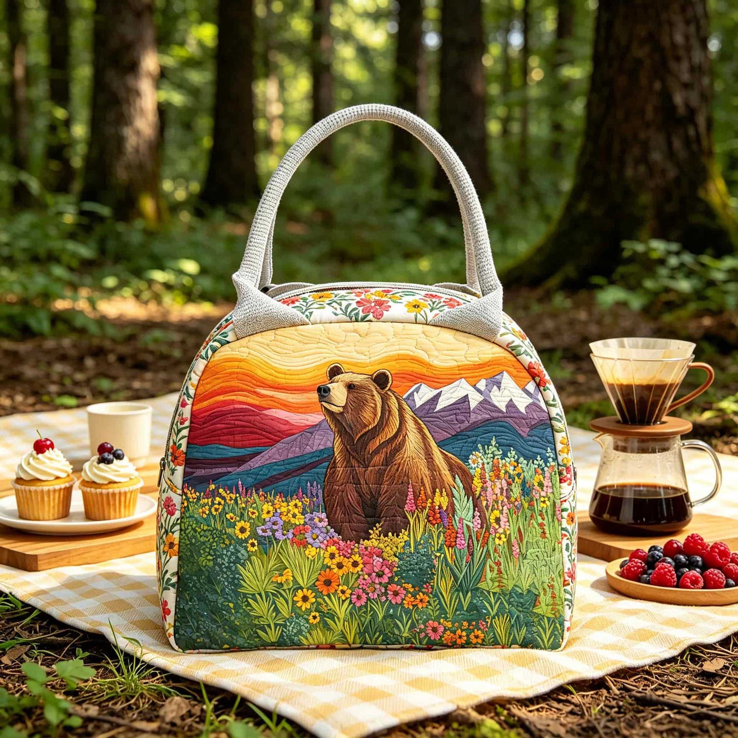 Bear & Mountain Art Quilted Lunch Bag LD14