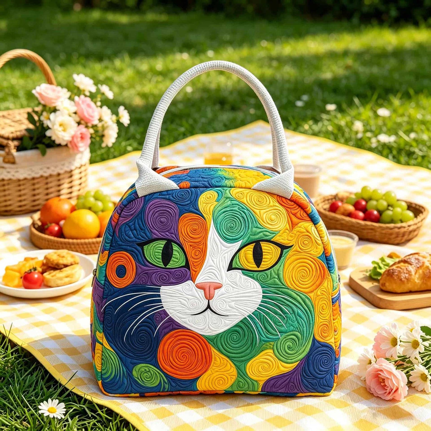 Vibrant Rainbow Cat Quilted Lunch Bag LD19