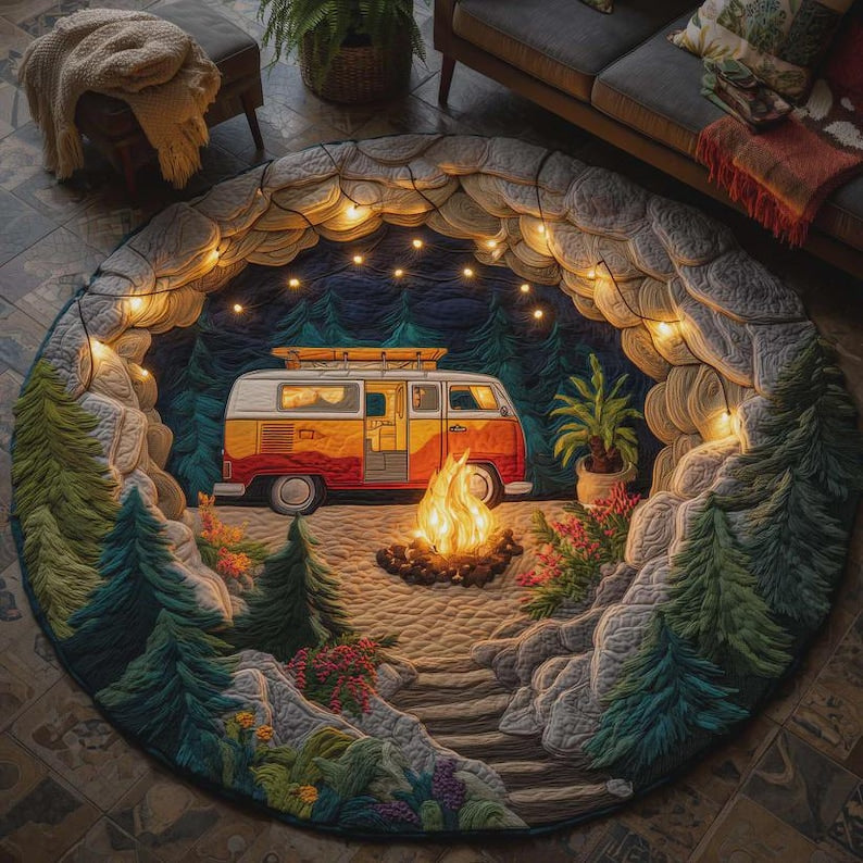 Van Life Campfire Quilted Round Rug LD02