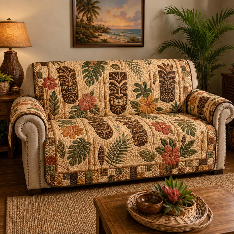 Tropical Tiki Wooden Mask Quilted Seat Sofa LD12