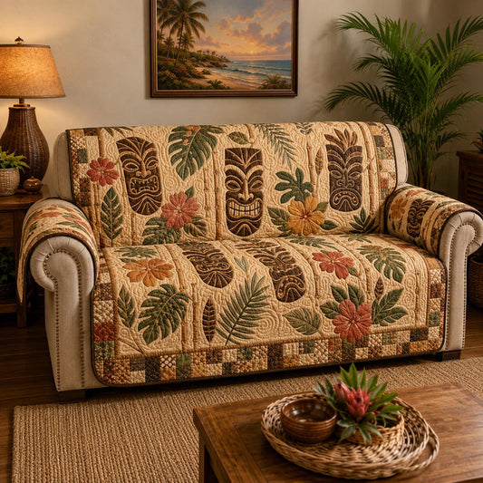 Tropical Tiki Wooden Mask Quilted Seat Sofa LD12