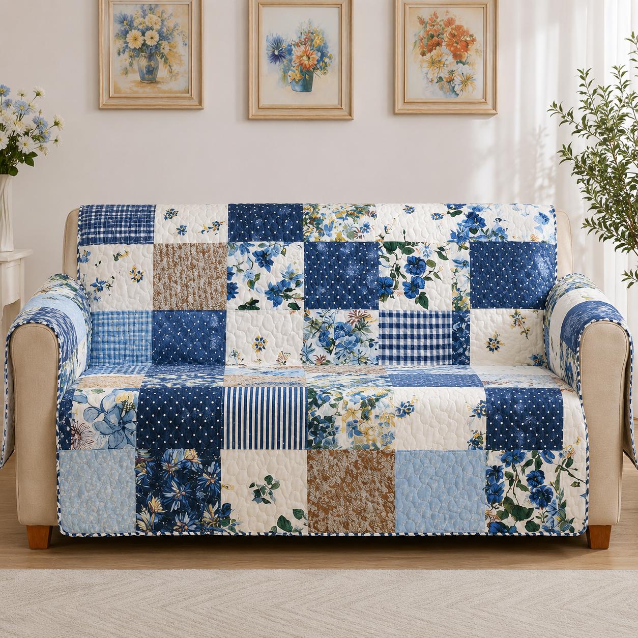 Farmhouse Blue Floral Quilted Seat Sofa LD24