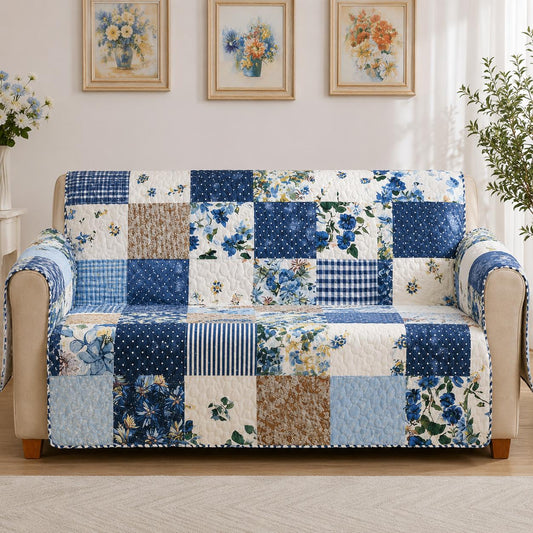 Farmhouse Blue Floral Quilted Seat Sofa LD24