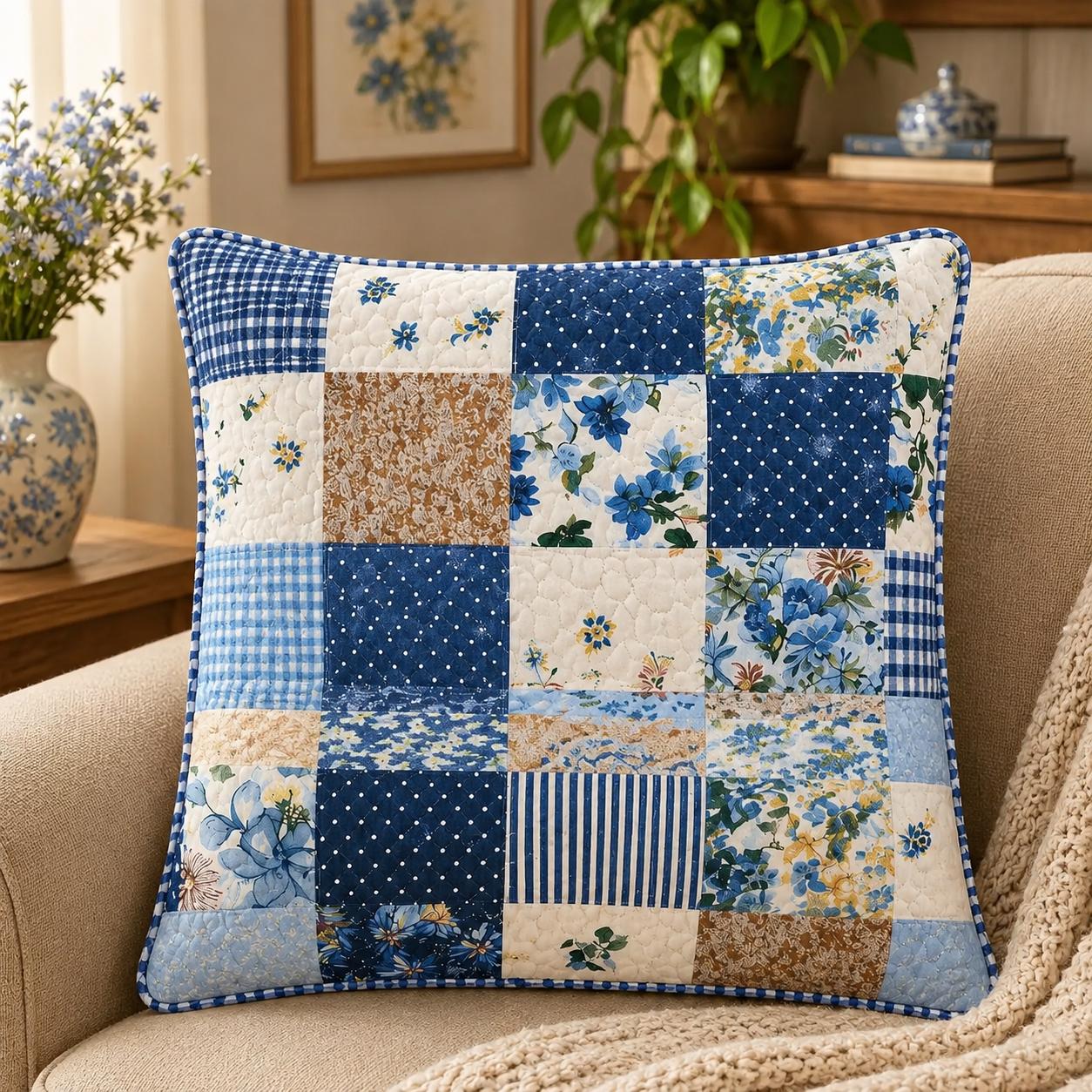 Farmhouse Blue Floral Quilted Pillow Cover LD24QLTPLC