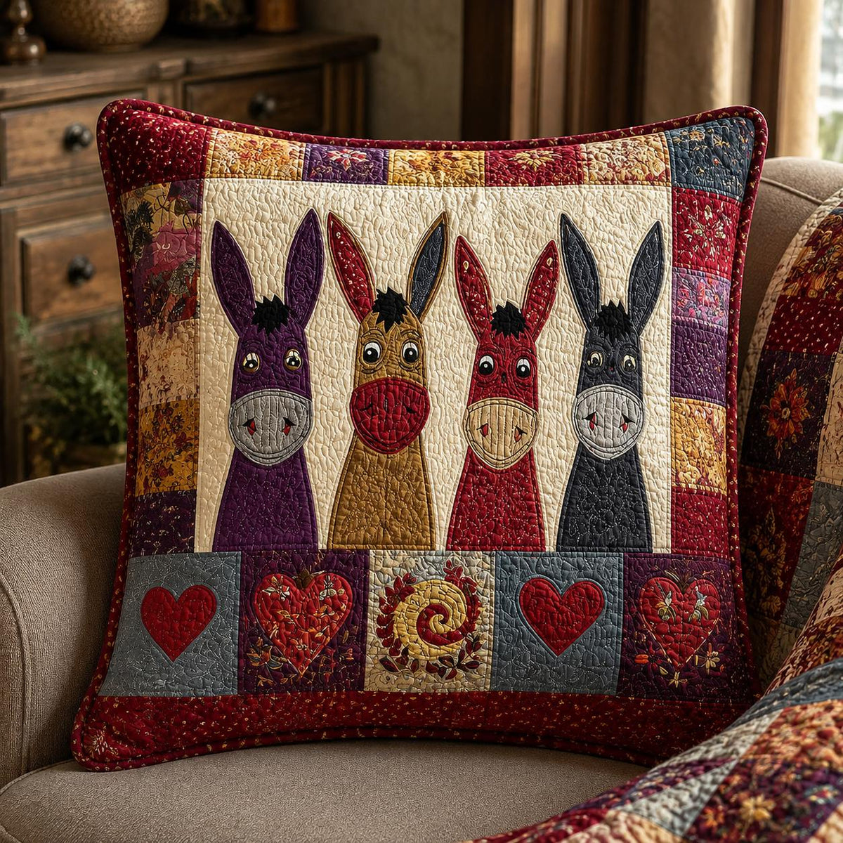 Whimsical Donkey Quilted Pillow Cover LD26QLTPLC