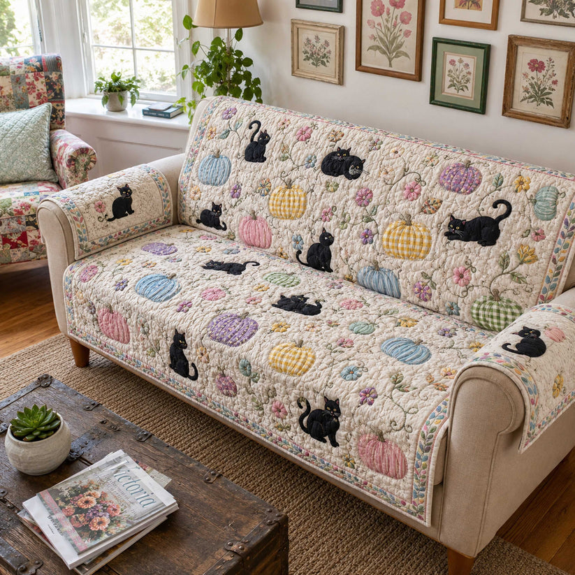Autumn Pumpkin & Black Cat Quilted Seat Sofa LD29
