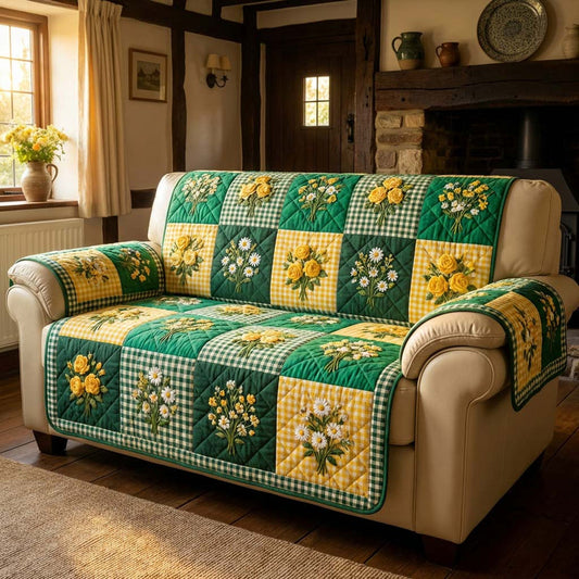 Yellow & Green Daisy Patchwork Quilted Seat Sofa LD69
