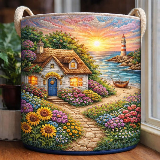 Cottage & Lighthouse Scene Quilted Laundry Basket LD02