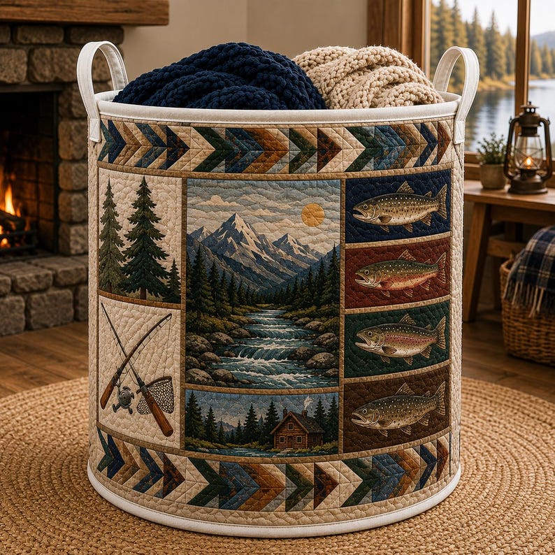 Rustic Lake House Quilted Laundry Basket LD17