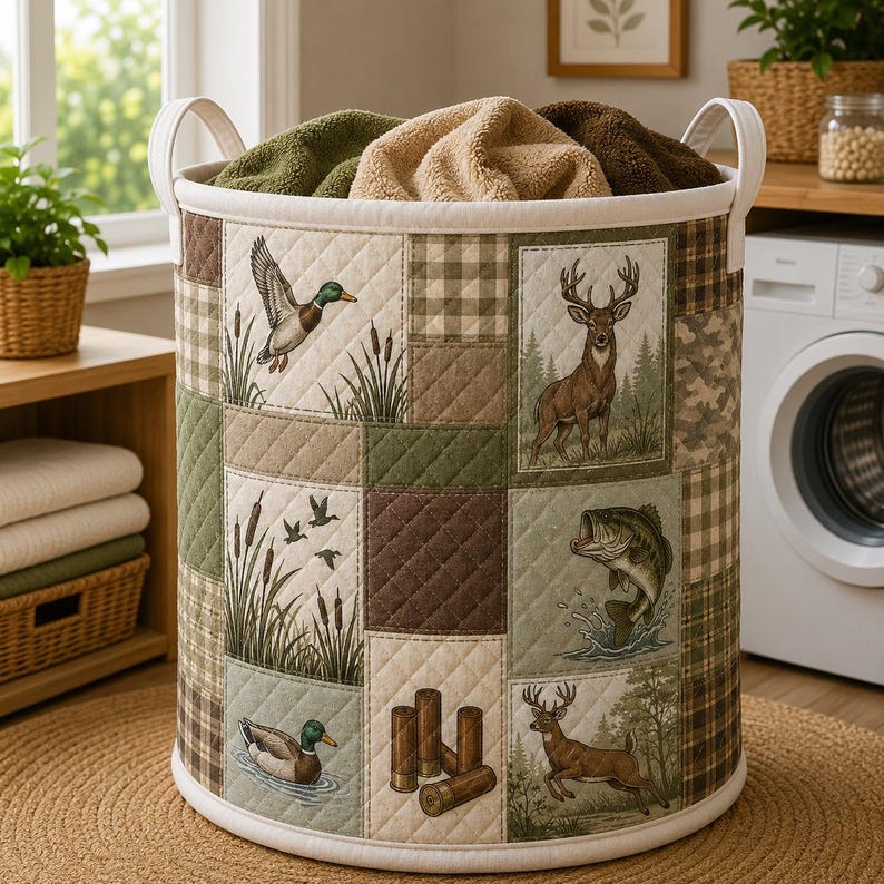 Rustic Hunting Cabin Quilted Laundry Basket LD18
