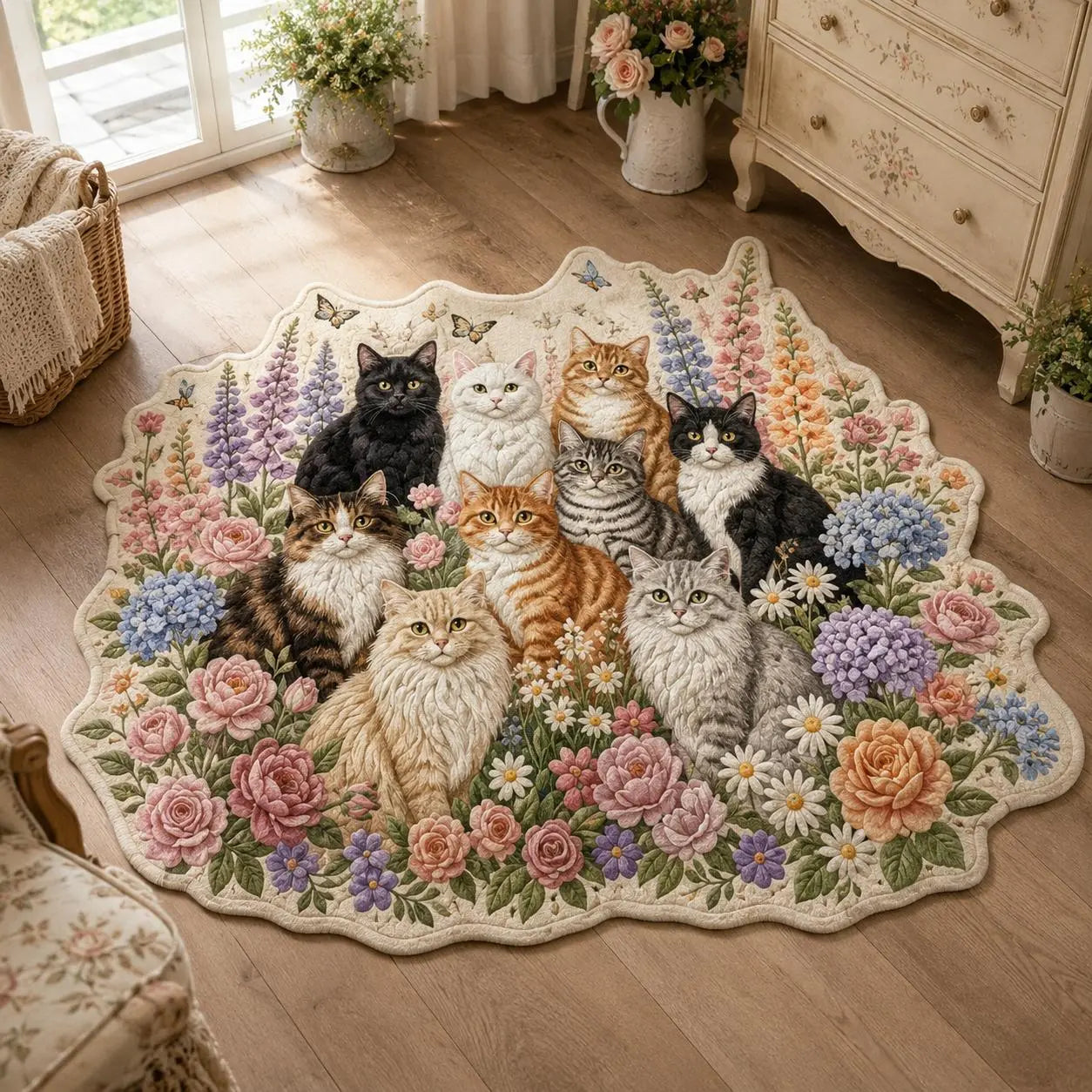 Floral Garden Cats Custom Shape Area Rug Crystal Velvet Style LD01