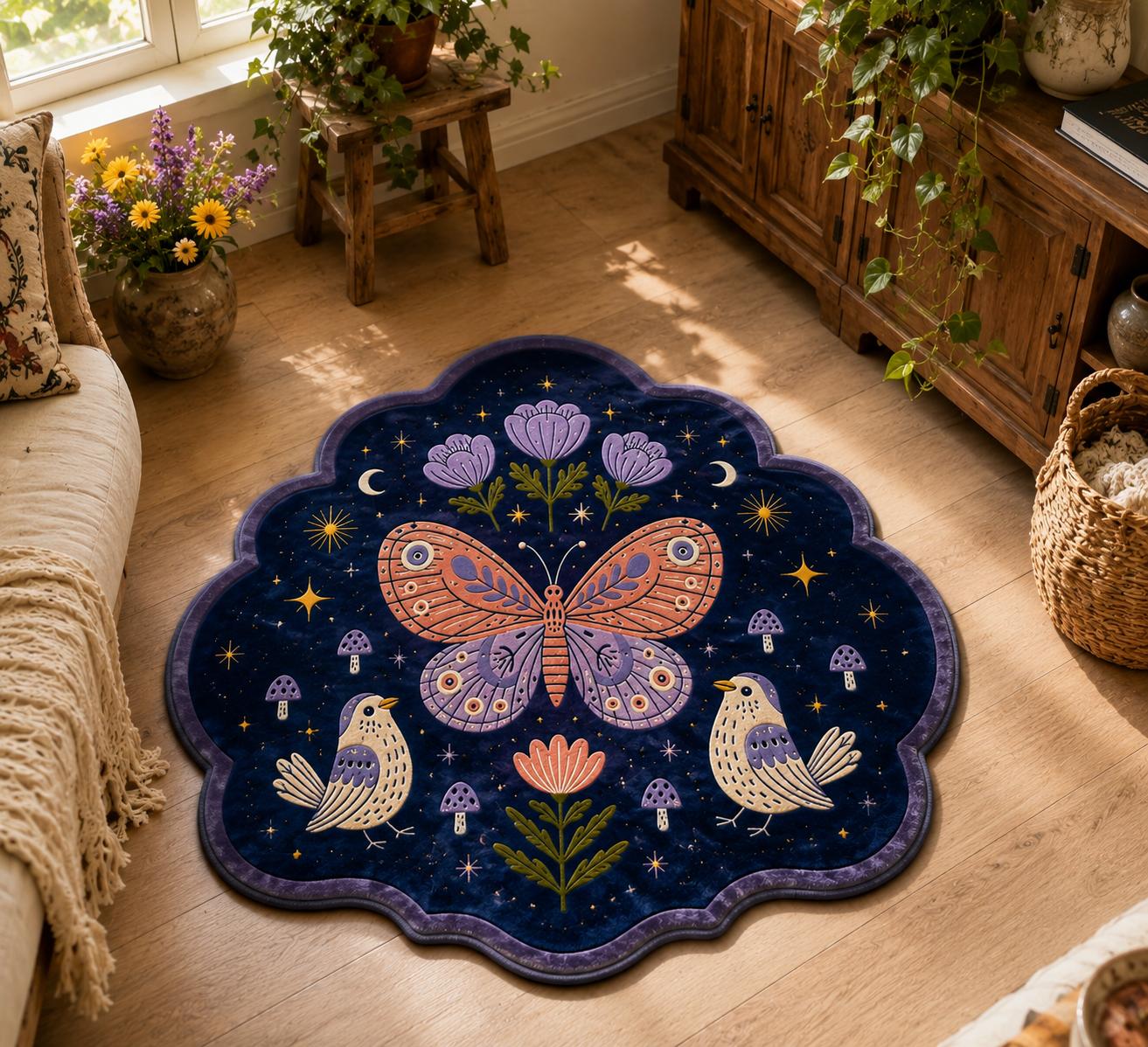 Vintage Celestial Butterfly Custom Shape Area Rug Crystal Velvet Style LD03
