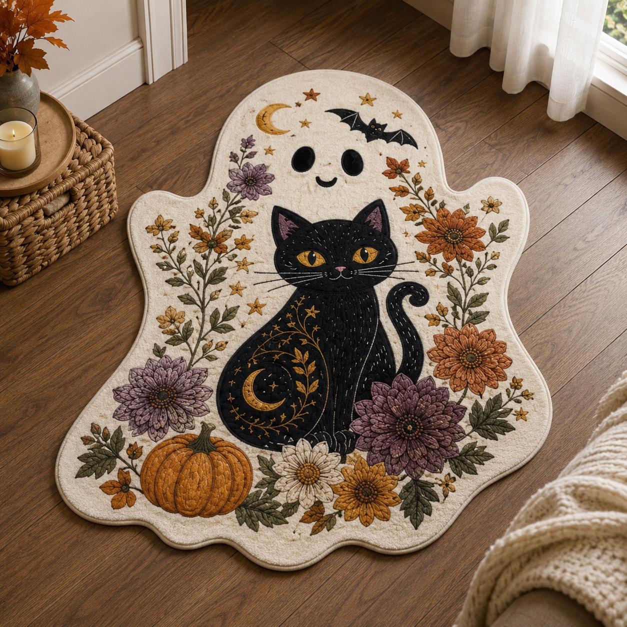 Celestial Black Cat & Ghost Custom Shape Area Rug Crystal Velvet Style LD04