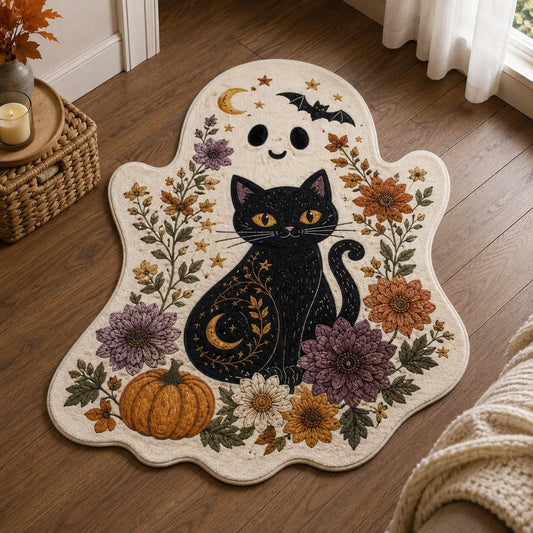 Celestial Black Cat & Ghost Custom Shape Area Rug Crystal Velvet Style LD04