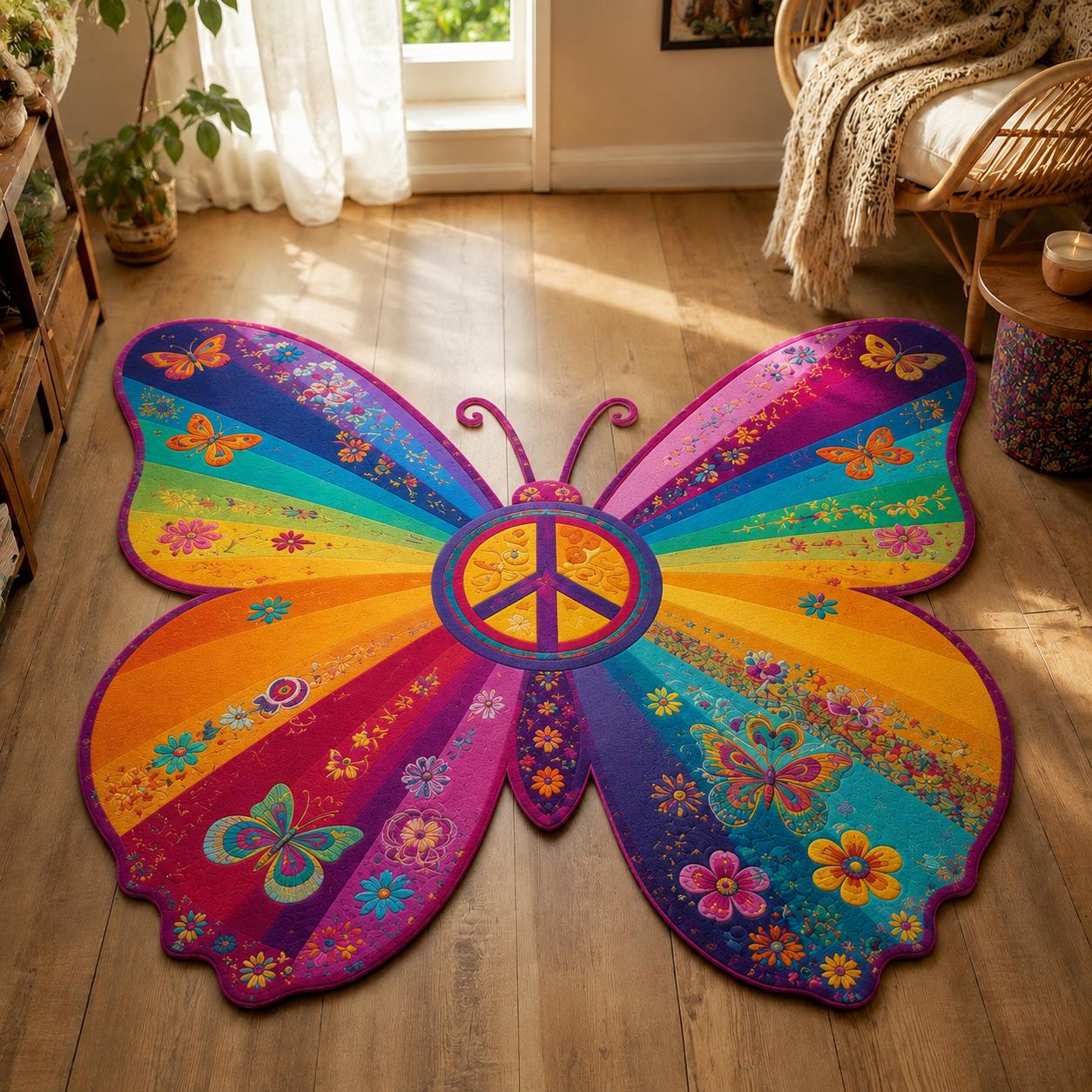 Colorful Hippie Butterfly Custom Shape Area Rug Crystal Velvet Style LD06