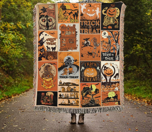 Spooky Retro Pumpkin Woven Throw Blankets LD02