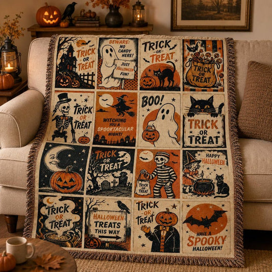 Retro Spooky Ghost & Skeleton Woven Throw Blankets LD05