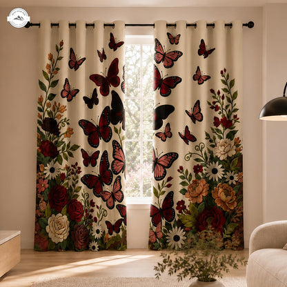 Dark Red Butterfly & Botanical Floral Grommet Curtains LV06