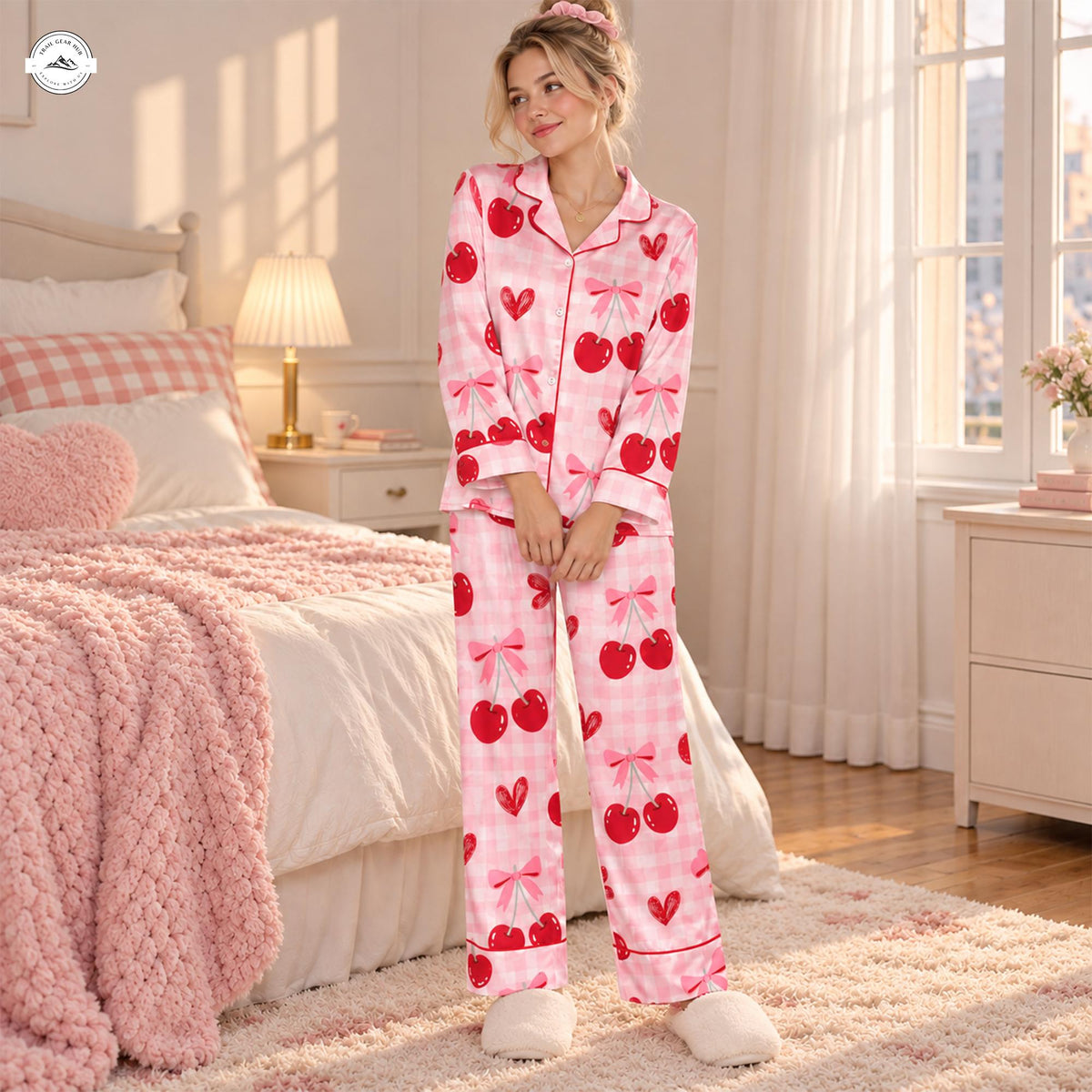 Cozy Pink Gingham Cherry & Bow Women Long Satin Pajama LV09