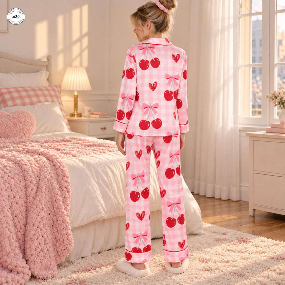 Cozy Pink Gingham Cherry & Bow Women Long Satin Pajama LV09