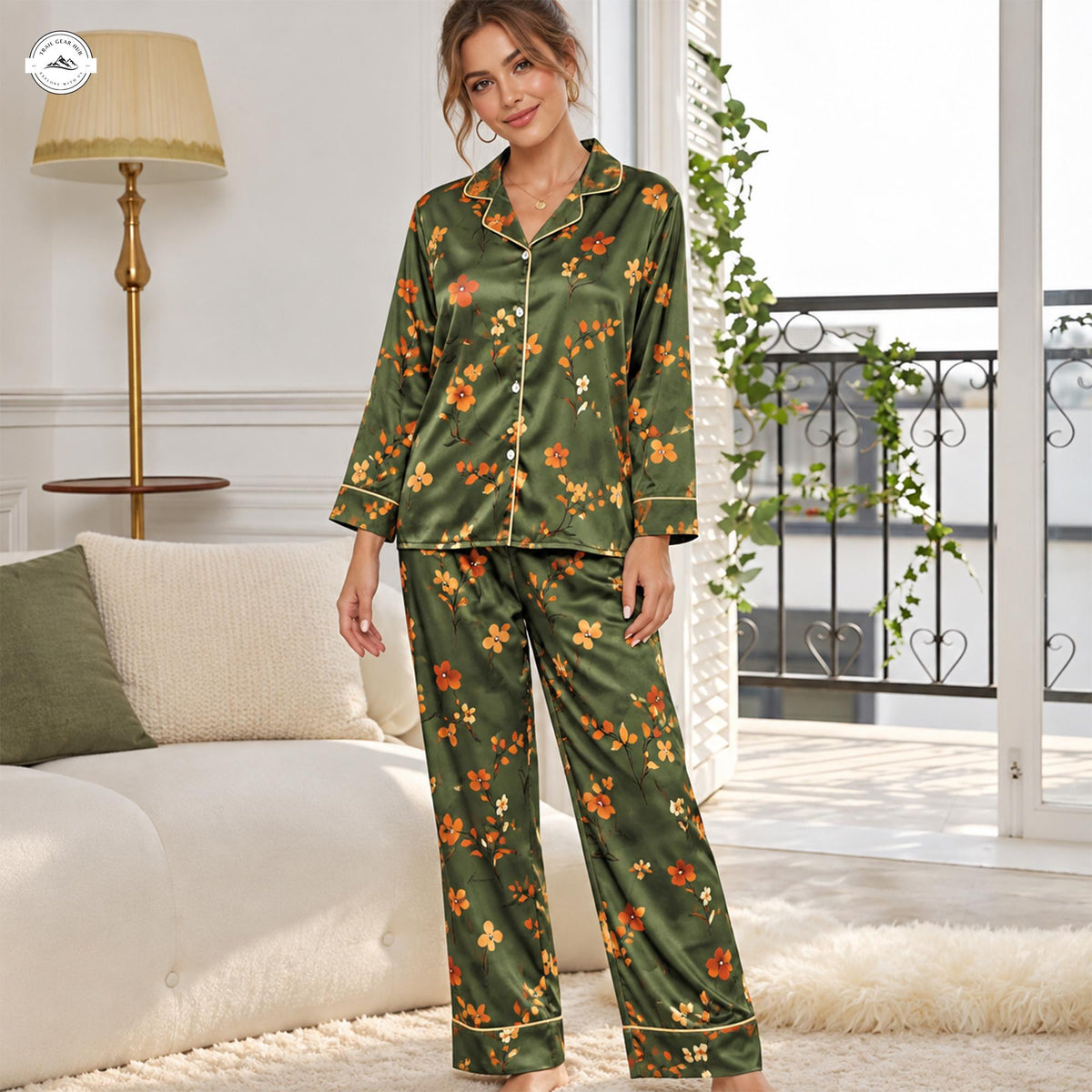 Olive Green Floral Women Long Satin Pajama LV10