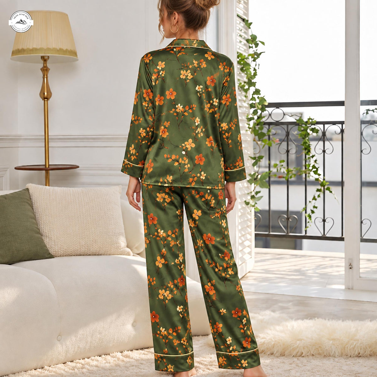Olive Green Floral Women Long Satin Pajama LV10