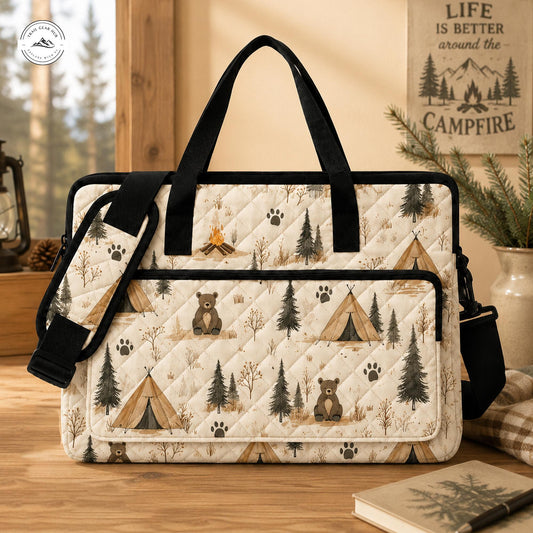 Cozy Woodland Bear Quilted Laptop Bag LV06