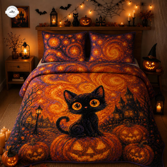 Starry Night Halloween Black Cat Quilted Bedding Set LV04