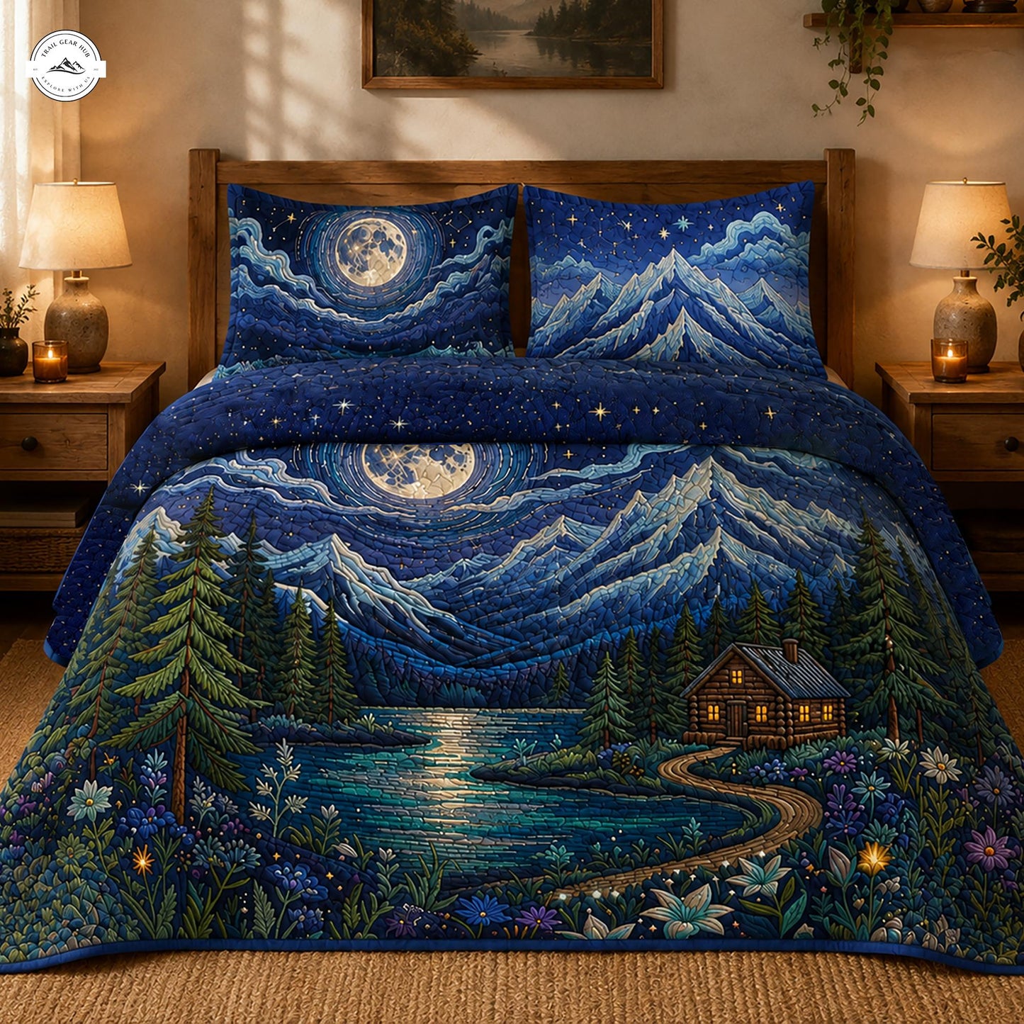 Mountain Cabin Night Landscape Quilted Bedding Set LV15