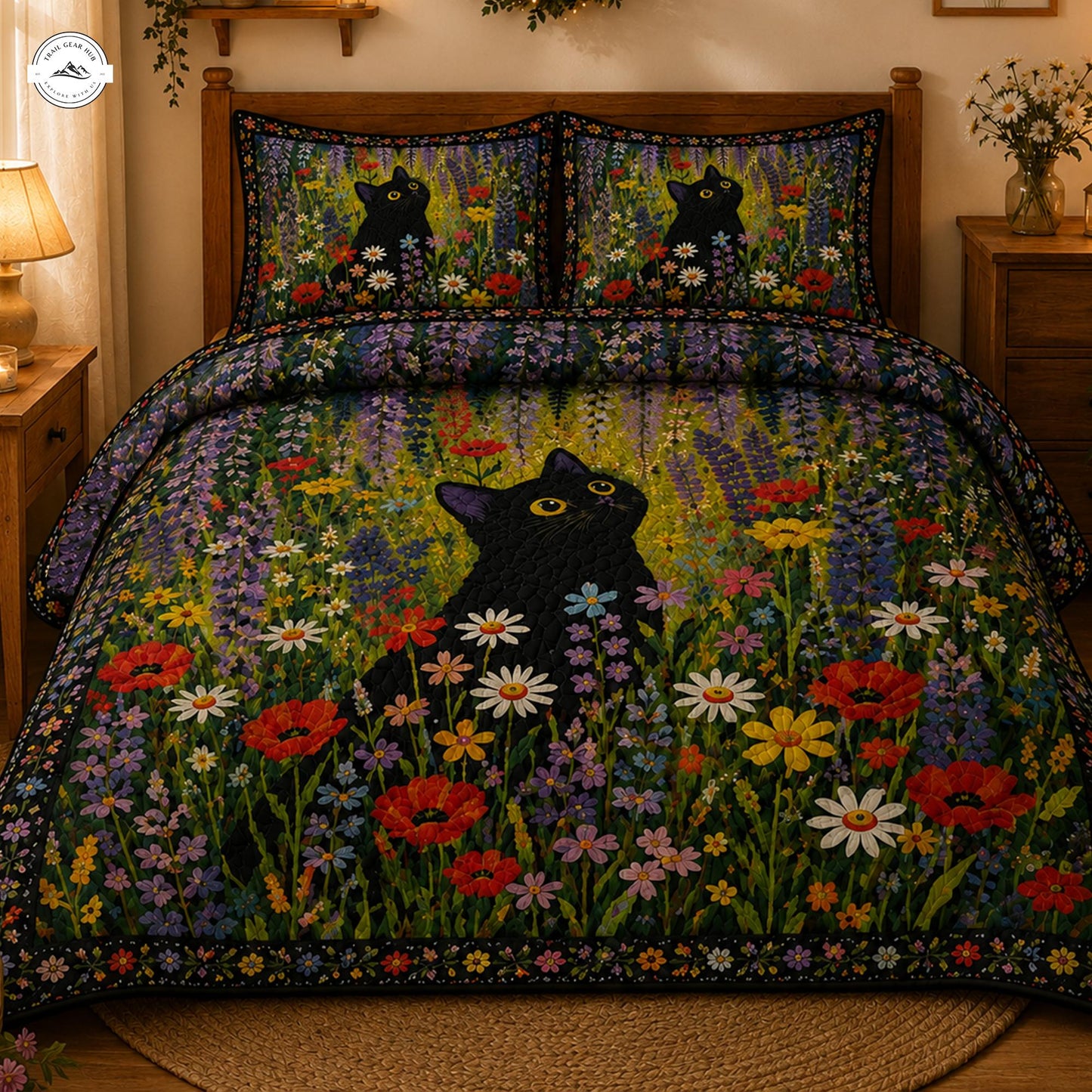 Black Cat Wildflower Quilted Bedding Set LV16
