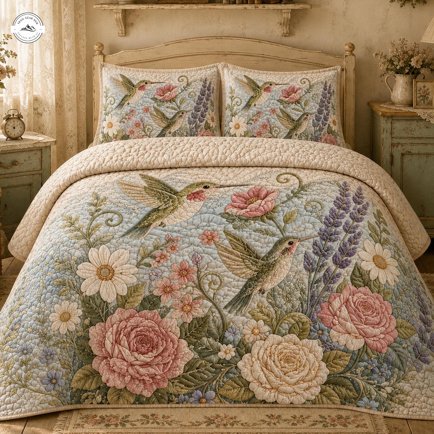 Hummingbird Floral Quilted Bedding Set LV17