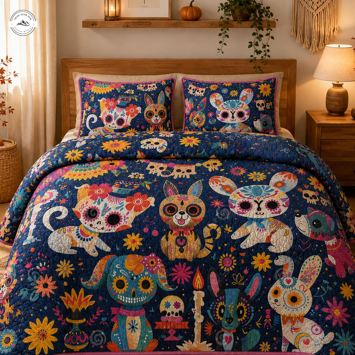 Dia De Los Muertos Sugar Skull Animals Quilted Bedding Set LV19