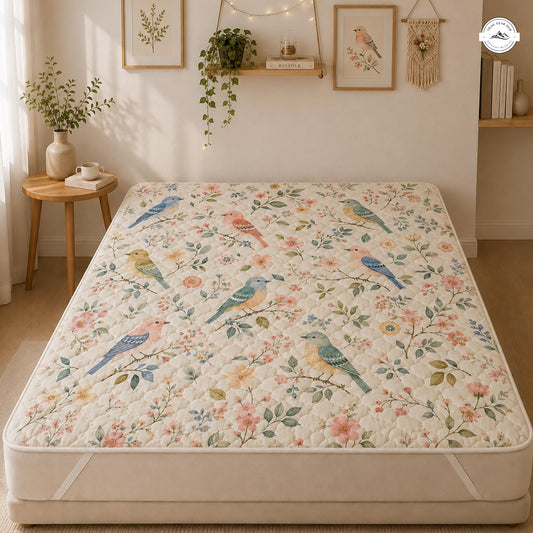 Vintage Bird Patterned Quilted Mattress Cover LV54QLTMTC