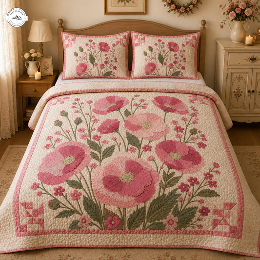 Vintage Floral Pink Poppy Quilted Bedding Set LV80