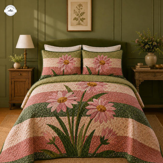 Pink Daisy Floral Quilted Bedding Set LV98